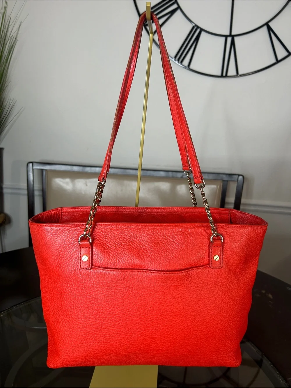 MICHAEL KORS Red Pebbled Leather Tote Bag Gold Chain Shoulder Bag MK Charm